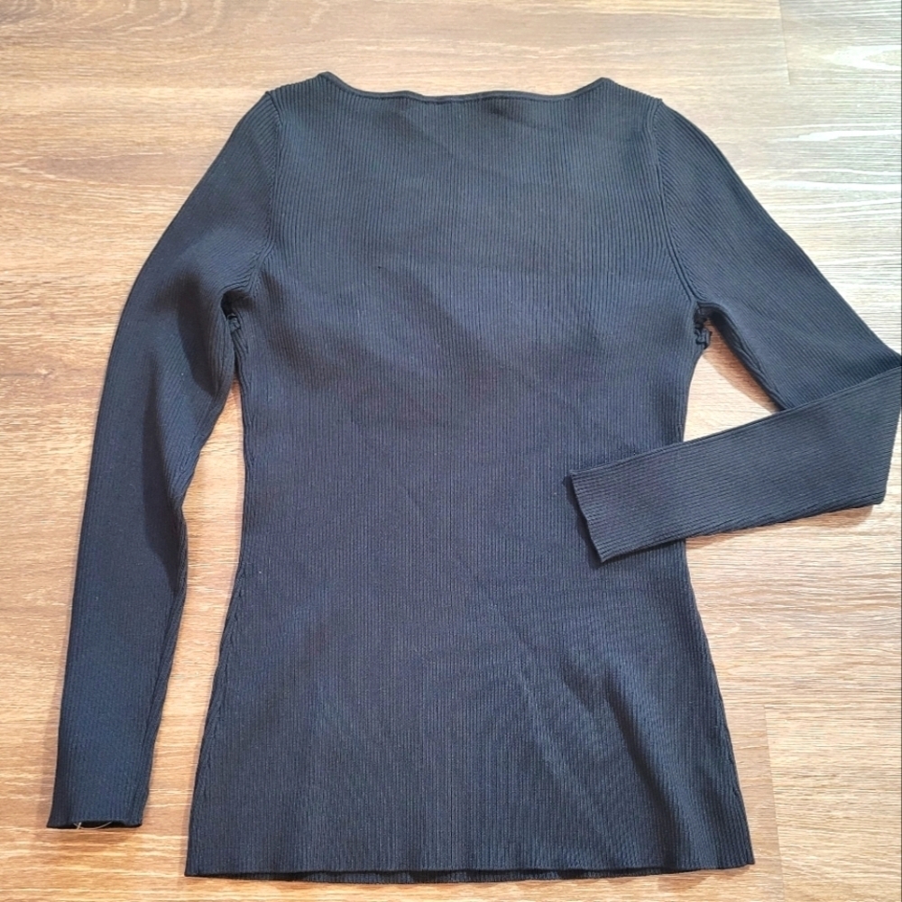 Boston Proper Black Ribbed Knit Sweater Crochet Lace Neckline Sz M - Picture 5 of 13